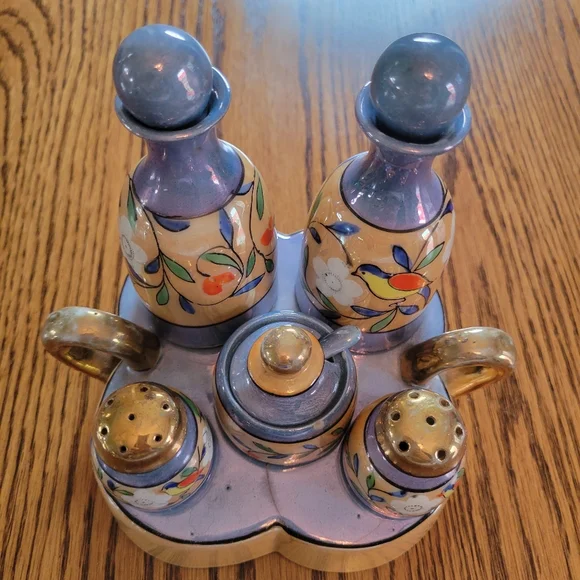 Vintage Lusterware Hand Painted Made in Japan Condiment Tray ~TT 5-piece S&P V&O - Picture 4 of 16